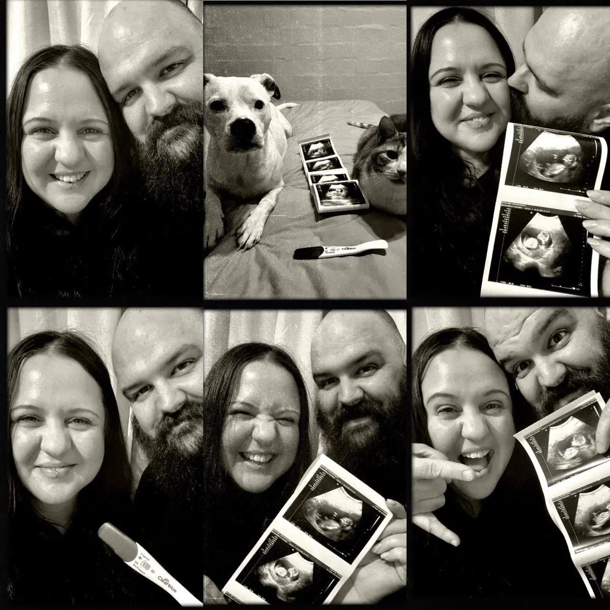 Roxie and Shaun's pregnancy announcement collage, including test strip and ultrasound scans